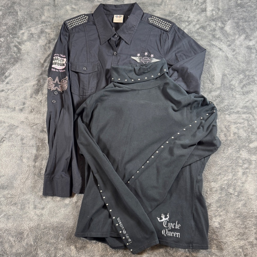 Harley-Davidson Womens XL Black Studded Button Up Shirt & Cycle Queen Top Lot